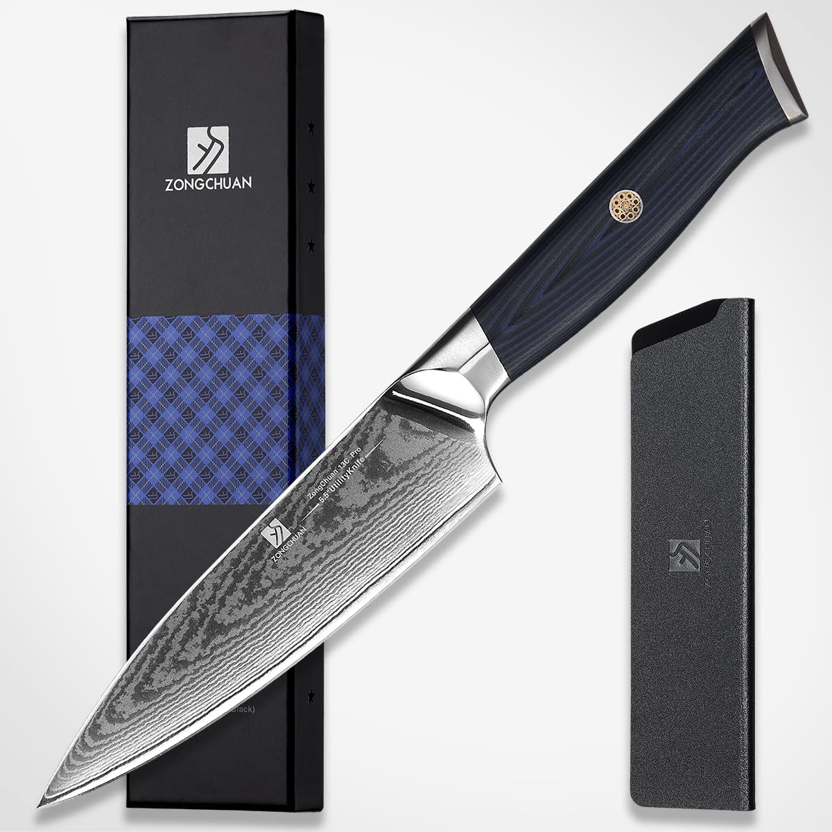 Utility Knife,5.5inch Damascus knife,67-Layer High Carbon Stainless Steel Kitchen Knife,Professiona Sharp Cutting Knives with Black Ergonomic G10 Handle,Gift Box for Home and Kitchen Birthday Gift