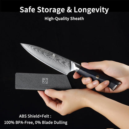Utility Knife,5.5inch Damascus knife,67-Layer High Carbon Stainless Steel Kitchen Knife,Professiona Sharp Cutting Knives with Black Ergonomic G10 Handle,Gift Box for Home and Kitchen Birthday Gift