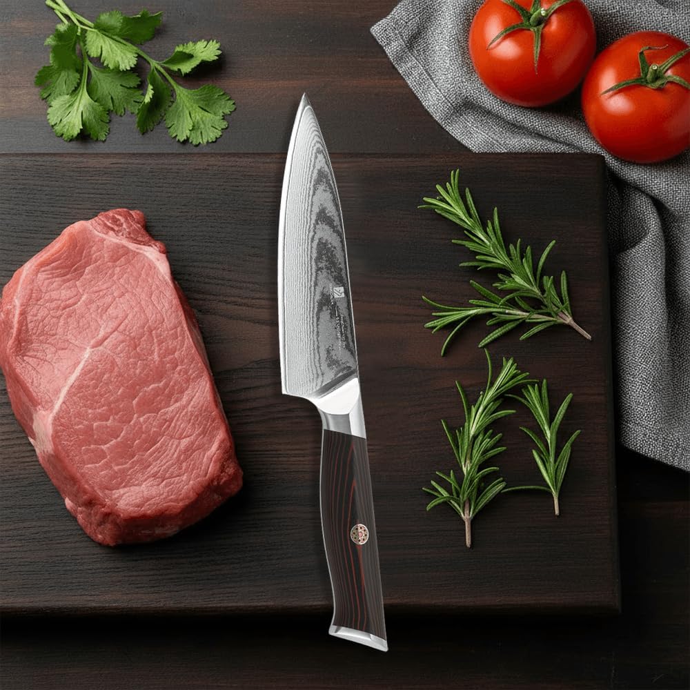 Utility Knife,5.5inch Damascus knife,67-Layer High Carbon Stainless Steel Kitchen Knife,Professiona Sharp Cutting Knives with Black Ergonomic G10 Handle,Gift Box for Home and Kitchen Birthday Gift
