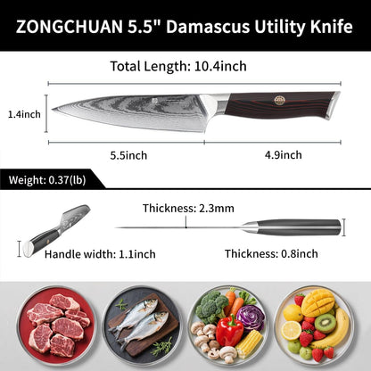 Utility Knife,5.5inch Damascus knife,67-Layer High Carbon Stainless Steel Kitchen Knife,Professiona Sharp Cutting Knives with Black Ergonomic G10 Handle,Gift Box for Home and Kitchen Birthday Gift