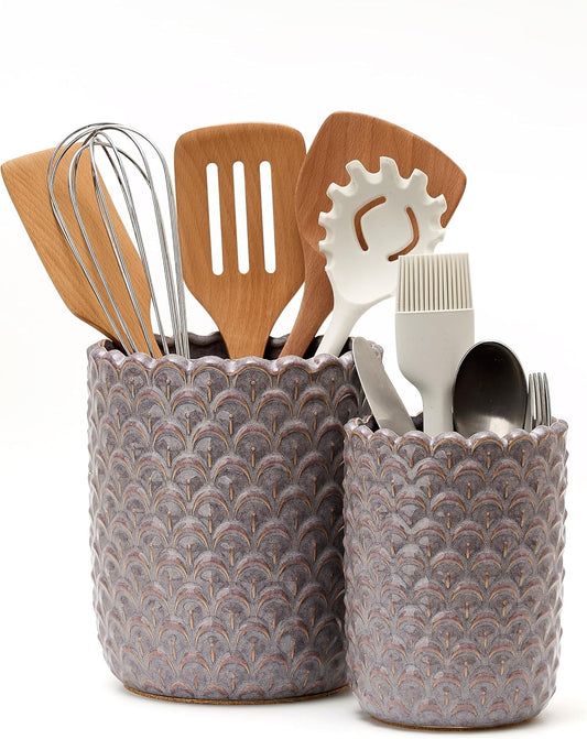 JIEMEI HOME Kitchen Utensil Holder, Large 7.5"+6.2" Petal Ceramic Utensil Crock for Countertop, Utensil Holder with Cork Mat, Morden Utensil Organizer for Spatula, Kitchen Decor, Set of 2, Purple
