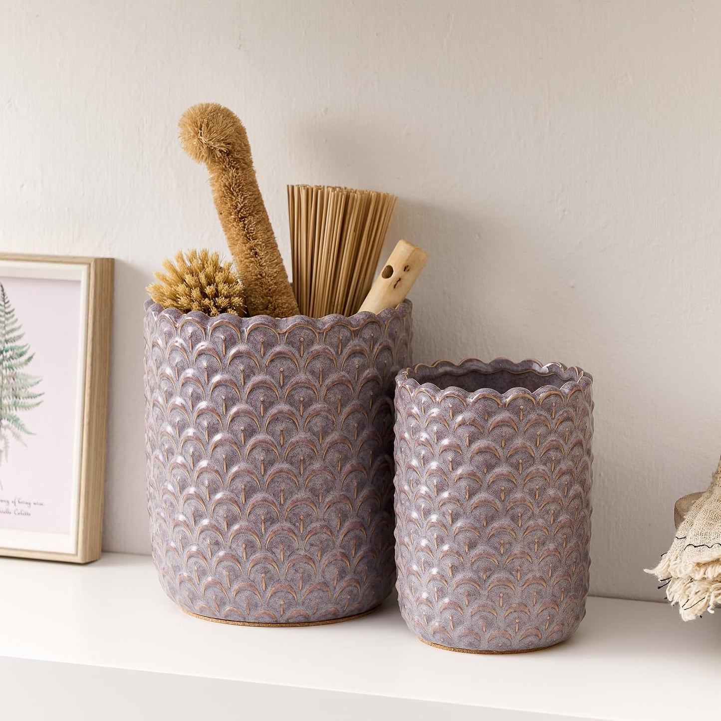 JIEMEI HOME Kitchen Utensil Holder, Large 7.5"+6.2" Petal Ceramic Utensil Crock for Countertop, Utensil Holder with Cork Mat, Morden Utensil Organizer for Spatula, Kitchen Decor, Set of 2, Purple