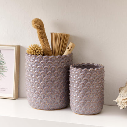 JIEMEI HOME Kitchen Utensil Holder, Large 7.5"+6.2" Petal Ceramic Utensil Crock for Countertop, Utensil Holder with Cork Mat, Morden Utensil Organizer for Spatula, Kitchen Decor, Set of 2, Purple