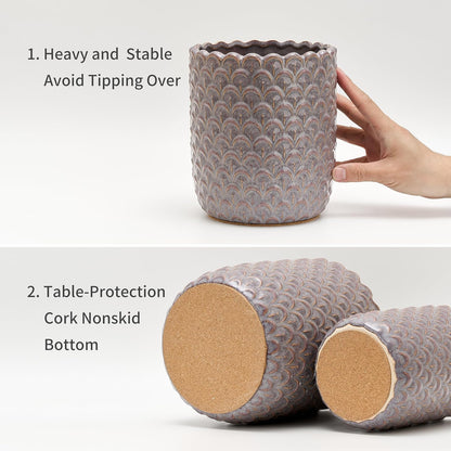 JIEMEI HOME Kitchen Utensil Holder, Large 7.5"+6.2" Petal Ceramic Utensil Crock for Countertop, Utensil Holder with Cork Mat, Morden Utensil Organizer for Spatula, Kitchen Decor, Set of 2, Purple