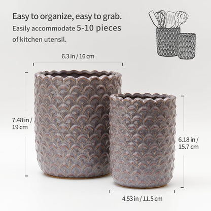 JIEMEI HOME Kitchen Utensil Holder, Large 7.5"+6.2" Petal Ceramic Utensil Crock for Countertop, Utensil Holder with Cork Mat, Morden Utensil Organizer for Spatula, Kitchen Decor, Set of 2, Purple