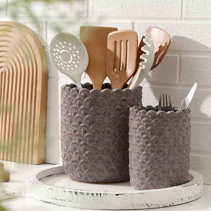 JIEMEI HOME Kitchen Utensil Holder, Large 7.5"+6.2" Petal Ceramic Utensil Crock for Countertop, Utensil Holder with Cork Mat, Morden Utensil Organizer for Spatula, Kitchen Decor, Set of 2, Purple