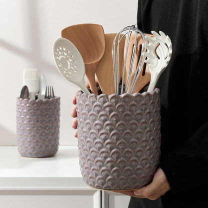 JIEMEI HOME Kitchen Utensil Holder, Large 7.5"+6.2" Petal Ceramic Utensil Crock for Countertop, Utensil Holder with Cork Mat, Morden Utensil Organizer for Spatula, Kitchen Decor, Set of 2, Purple