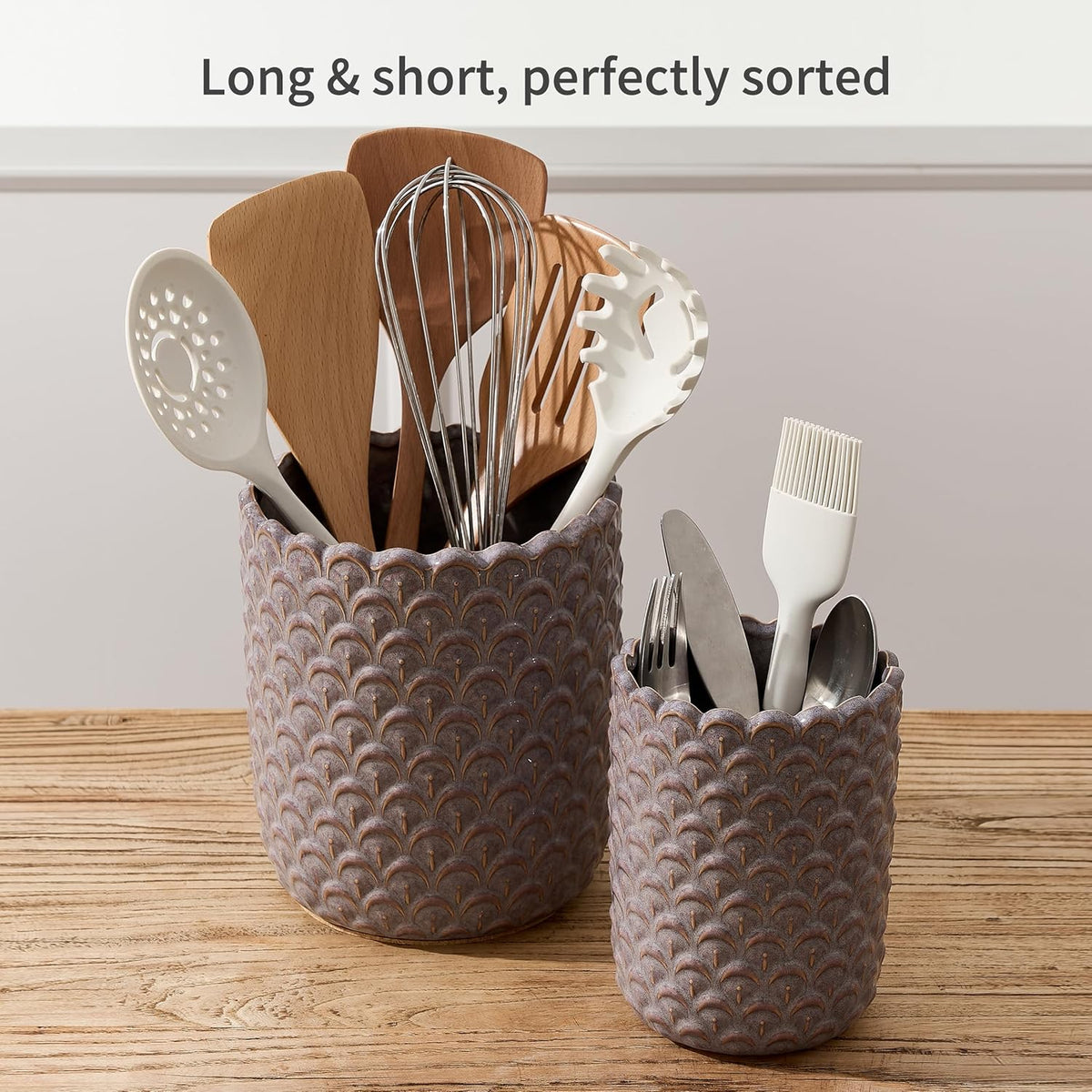 JIEMEI HOME Kitchen Utensil Holder, Large 7.5"+6.2" Petal Ceramic Utensil Crock for Countertop, Utensil Holder with Cork Mat, Morden Utensil Organizer for Spatula, Kitchen Decor, Set of 2, Purple