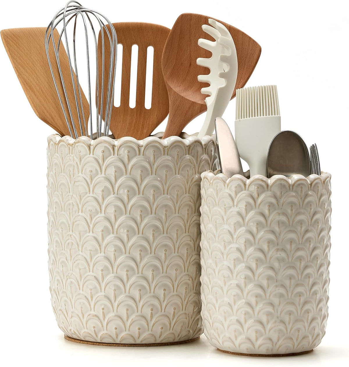 JIEMEI HOME Kitchen Utensil Holder, Large 7.5"+6.2" Petal Ceramic Utensil Crock for Countertop, Utensil Holder with Cork Mat, Morden Utensil Organizer for Spatula, Kitchen Decor, Set of 2, Purple