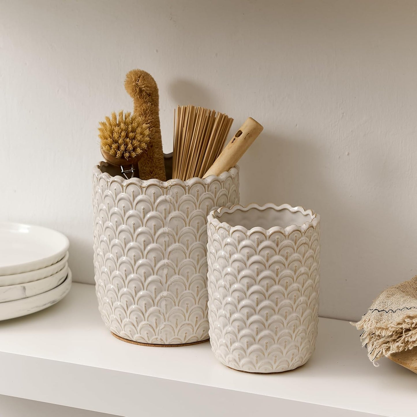 JIEMEI HOME Kitchen Utensil Holder, Large 7.5"+6.2" Petal Ceramic Utensil Crock for Countertop, Utensil Holder with Cork Mat, Morden Utensil Organizer for Spatula, Kitchen Decor, Set of 2, Purple