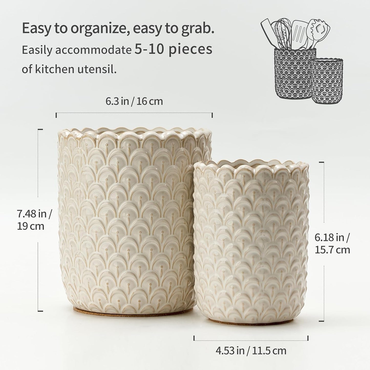 JIEMEI HOME Kitchen Utensil Holder, Large 7.5"+6.2" Petal Ceramic Utensil Crock for Countertop, Utensil Holder with Cork Mat, Morden Utensil Organizer for Spatula, Kitchen Decor, Set of 2, Purple