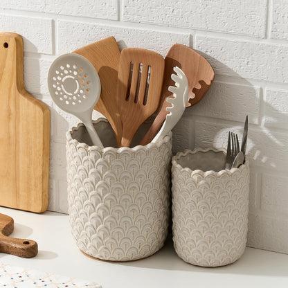 JIEMEI HOME Kitchen Utensil Holder, Large 7.5"+6.2" Petal Ceramic Utensil Crock for Countertop, Utensil Holder with Cork Mat, Morden Utensil Organizer for Spatula, Kitchen Decor, Set of 2, Purple