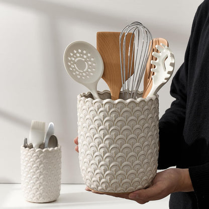 JIEMEI HOME Kitchen Utensil Holder, Large 7.5"+6.2" Petal Ceramic Utensil Crock for Countertop, Utensil Holder with Cork Mat, Morden Utensil Organizer for Spatula, Kitchen Decor, Set of 2, Purple