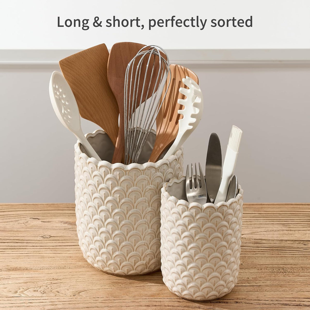 JIEMEI HOME Kitchen Utensil Holder, Large 7.5"+6.2" Petal Ceramic Utensil Crock for Countertop, Utensil Holder with Cork Mat, Morden Utensil Organizer for Spatula, Kitchen Decor, Set of 2, Purple