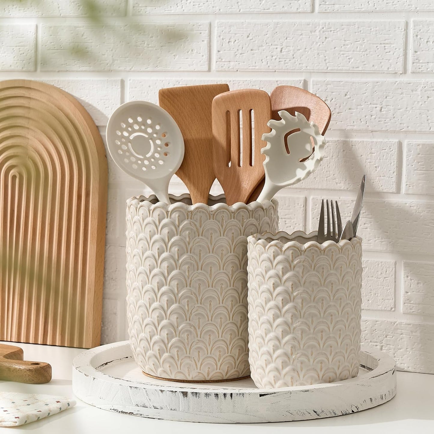 JIEMEI HOME Kitchen Utensil Holder, Large 7.5"+6.2" Petal Ceramic Utensil Crock for Countertop, Utensil Holder with Cork Mat, Morden Utensil Organizer for Spatula, Kitchen Decor, Set of 2, Purple