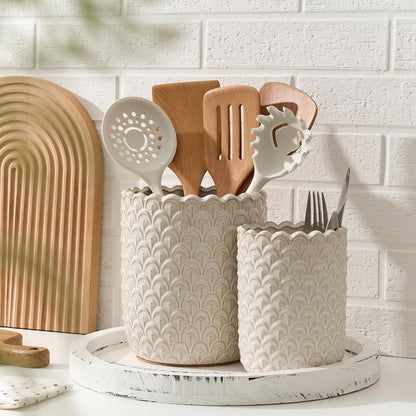 JIEMEI HOME Kitchen Utensil Holder, Large 7.5"+6.2" Petal Ceramic Utensil Crock for Countertop, Utensil Holder with Cork Mat, Morden Utensil Organizer for Spatula, Kitchen Decor, Set of 2, Purple