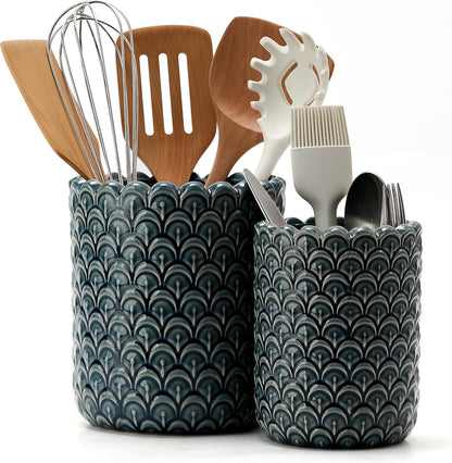 JIEMEI HOME Kitchen Utensil Holder, Large 7.5"+6.2" Petal Ceramic Utensil Crock for Countertop, Utensil Holder with Cork Mat, Morden Utensil Organizer for Spatula, Kitchen Decor, Set of 2, Purple