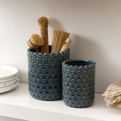 JIEMEI HOME Kitchen Utensil Holder, Large 7.5"+6.2" Petal Ceramic Utensil Crock for Countertop, Utensil Holder with Cork Mat, Morden Utensil Organizer for Spatula, Kitchen Decor, Set of 2, Purple