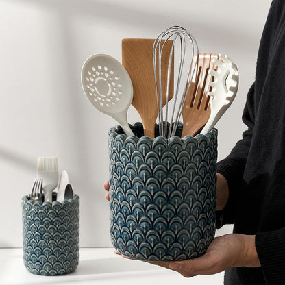 JIEMEI HOME Kitchen Utensil Holder, Large 7.5"+6.2" Petal Ceramic Utensil Crock for Countertop, Utensil Holder with Cork Mat, Morden Utensil Organizer for Spatula, Kitchen Decor, Set of 2, Purple