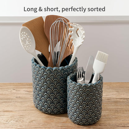 JIEMEI HOME Kitchen Utensil Holder, Large 7.5"+6.2" Petal Ceramic Utensil Crock for Countertop, Utensil Holder with Cork Mat, Morden Utensil Organizer for Spatula, Kitchen Decor, Set of 2, Purple