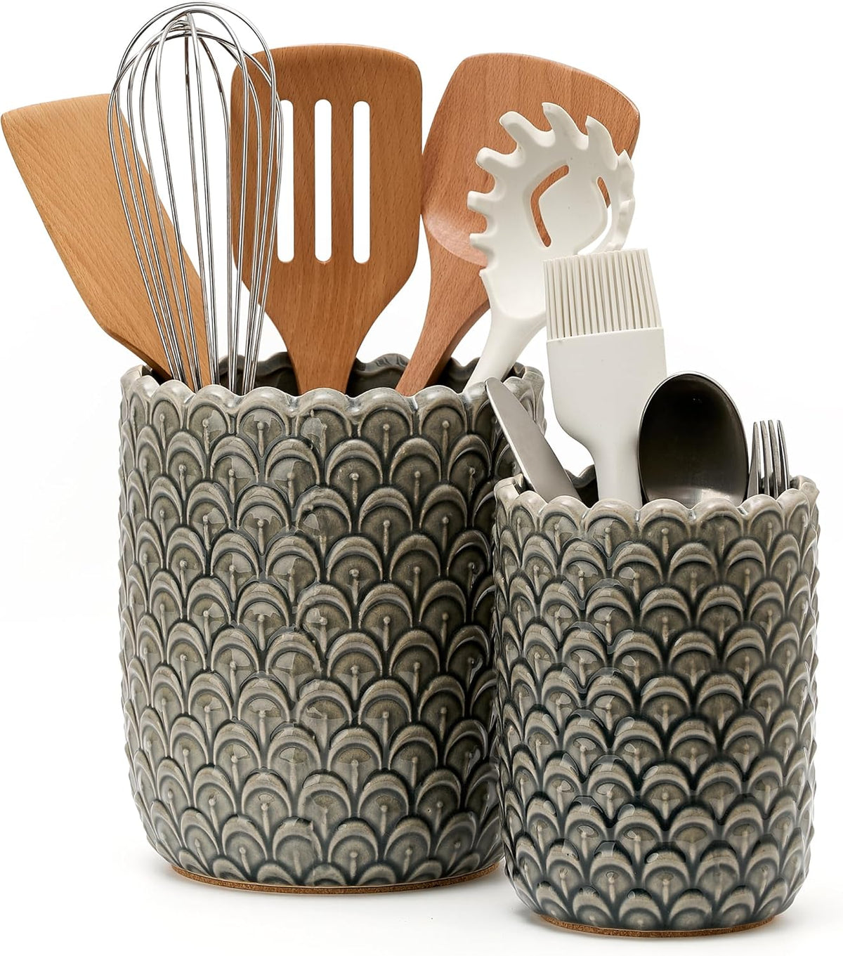JIEMEI HOME Kitchen Utensil Holder, Large 7.5"+6.2" Petal Ceramic Utensil Crock for Countertop, Utensil Holder with Cork Mat, Morden Utensil Organizer for Spatula, Kitchen Decor, Set of 2, Purple