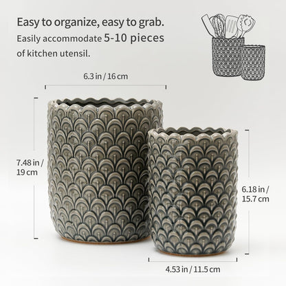 JIEMEI HOME Kitchen Utensil Holder, Large 7.5"+6.2" Petal Ceramic Utensil Crock for Countertop, Utensil Holder with Cork Mat, Morden Utensil Organizer for Spatula, Kitchen Decor, Set of 2, Purple