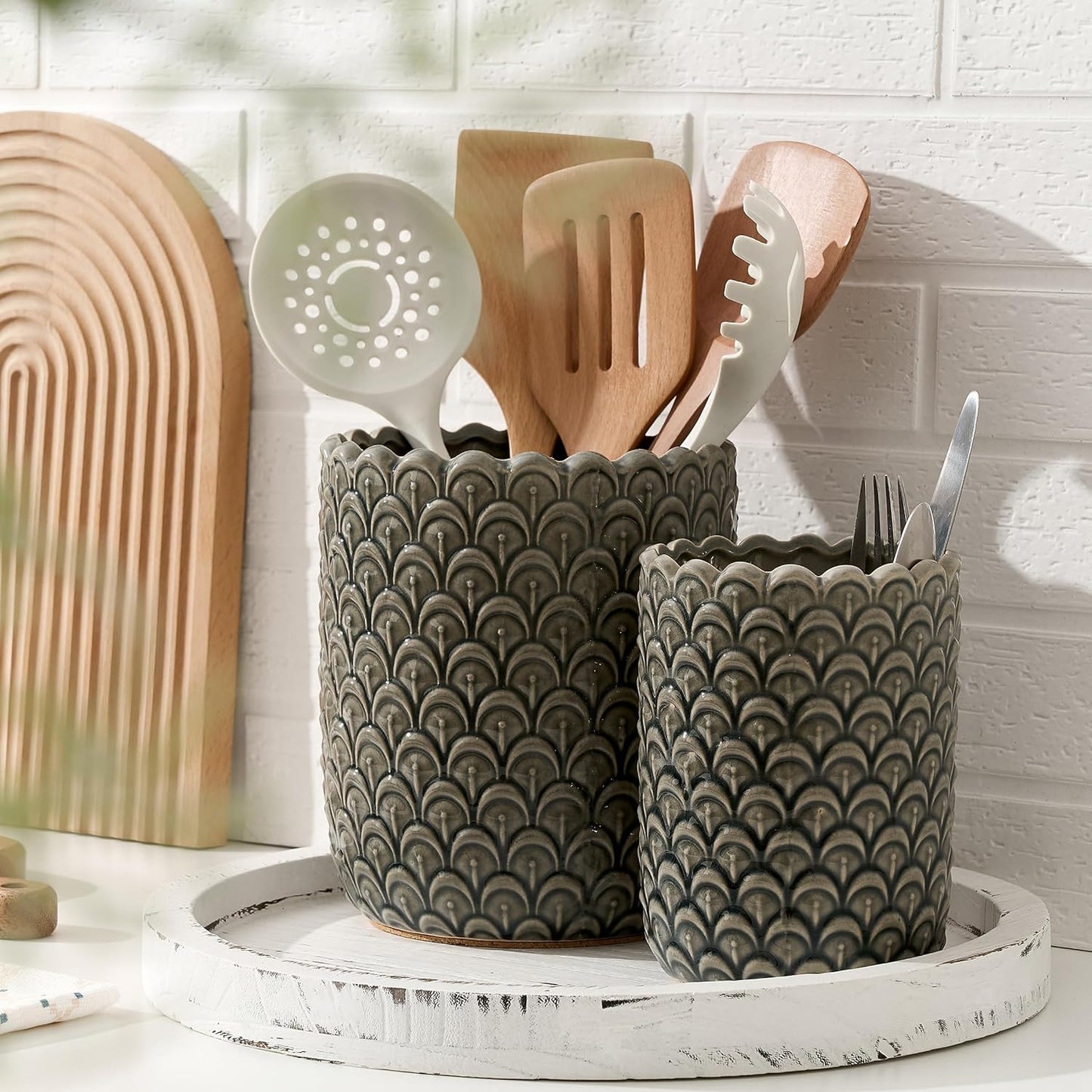 JIEMEI HOME Kitchen Utensil Holder, Large 7.5"+6.2" Petal Ceramic Utensil Crock for Countertop, Utensil Holder with Cork Mat, Morden Utensil Organizer for Spatula, Kitchen Decor, Set of 2, Purple