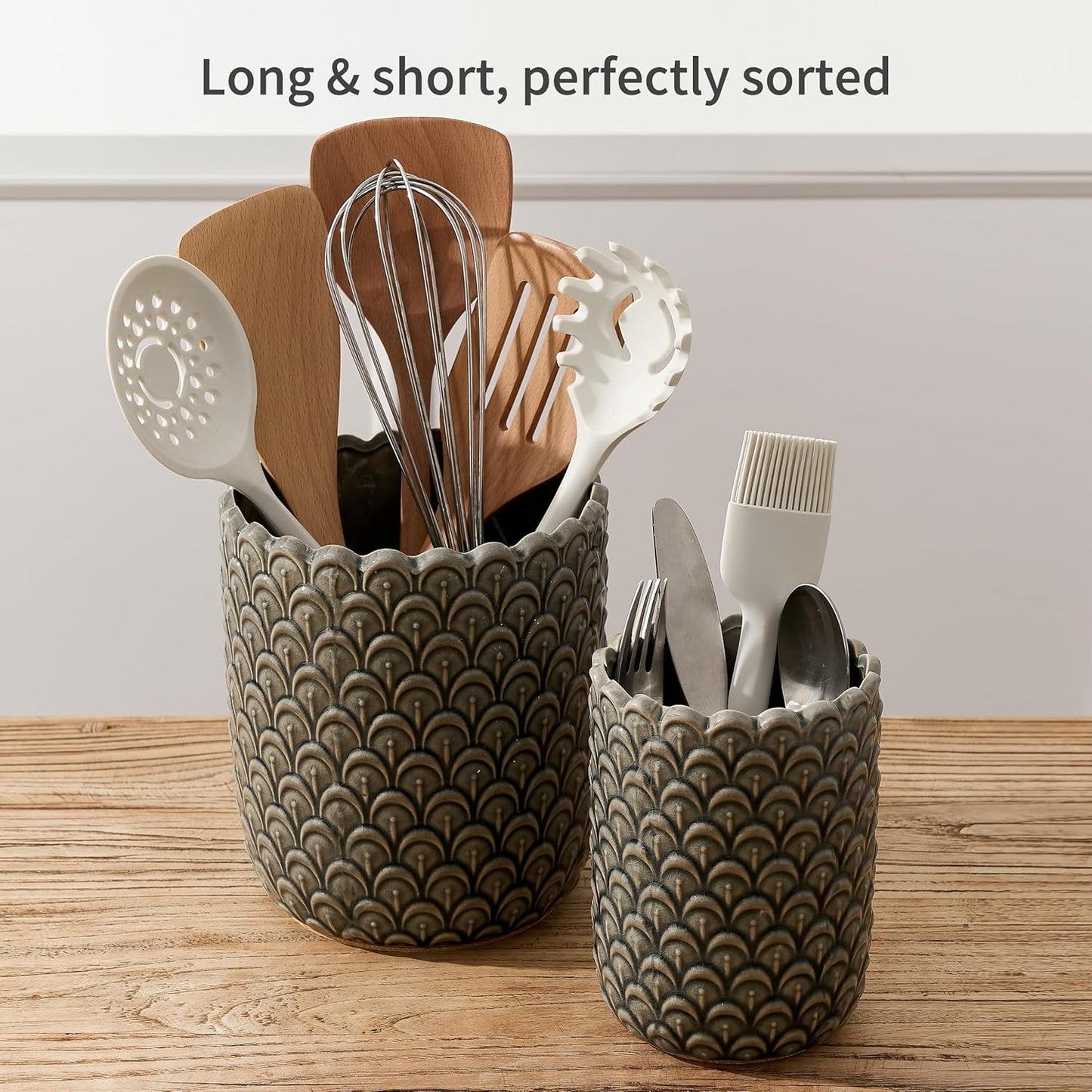 JIEMEI HOME Kitchen Utensil Holder, Large 7.5"+6.2" Petal Ceramic Utensil Crock for Countertop, Utensil Holder with Cork Mat, Morden Utensil Organizer for Spatula, Kitchen Decor, Set of 2, Purple