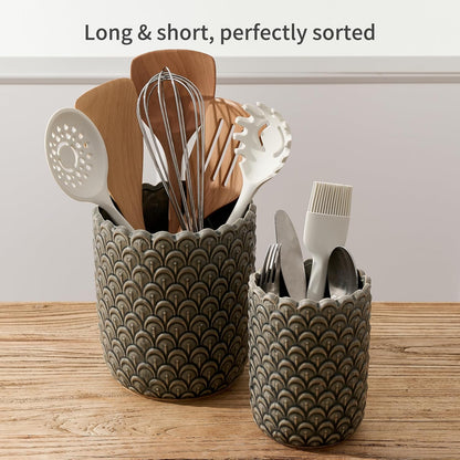 JIEMEI HOME Kitchen Utensil Holder, Large 7.5"+6.2" Petal Ceramic Utensil Crock for Countertop, Utensil Holder with Cork Mat, Morden Utensil Organizer for Spatula, Kitchen Decor, Set of 2, Purple