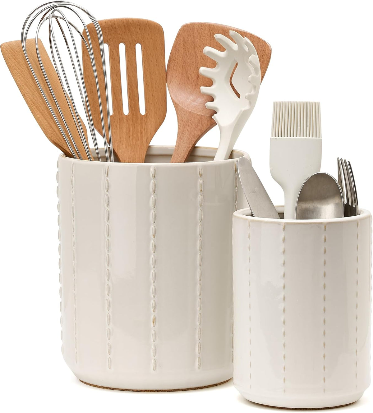JIEMEI HOME Kitchen Utensil Holder, Large 7.5"+6.2" Petal Ceramic Utensil Crock for Countertop, Utensil Holder with Cork Mat, Morden Utensil Organizer for Spatula, Kitchen Decor, Set of 2, Purple