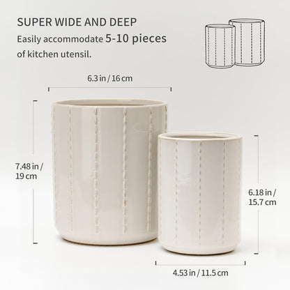 JIEMEI HOME Kitchen Utensil Holder, Large 7.5"+6.2" Petal Ceramic Utensil Crock for Countertop, Utensil Holder with Cork Mat, Morden Utensil Organizer for Spatula, Kitchen Decor, Set of 2, Purple