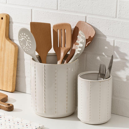 JIEMEI HOME Kitchen Utensil Holder, Large 7.5"+6.2" Petal Ceramic Utensil Crock for Countertop, Utensil Holder with Cork Mat, Morden Utensil Organizer for Spatula, Kitchen Decor, Set of 2, Purple