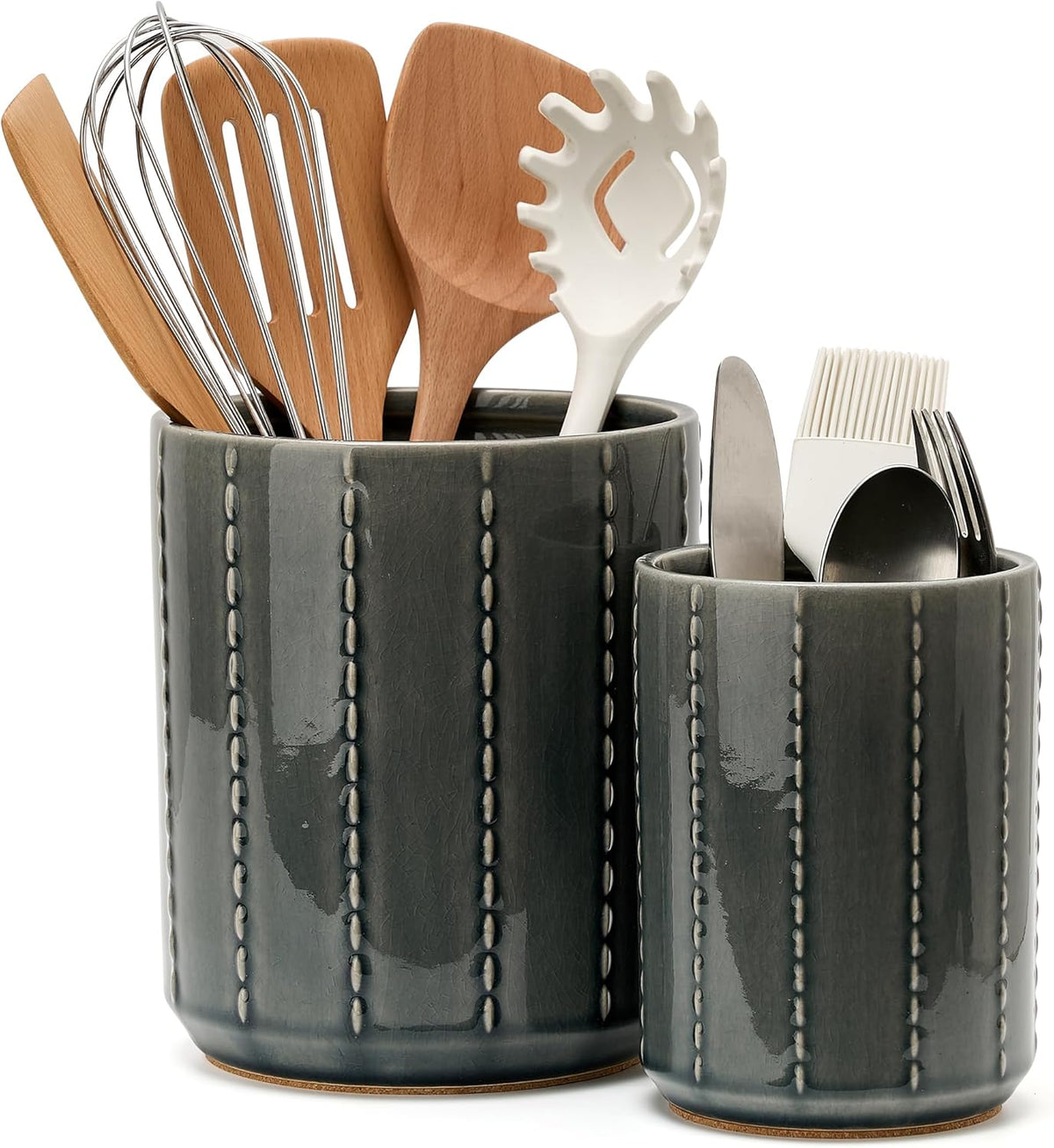 JIEMEI HOME Kitchen Utensil Holder, Large 7.5"+6.2" Petal Ceramic Utensil Crock for Countertop, Utensil Holder with Cork Mat, Morden Utensil Organizer for Spatula, Kitchen Decor, Set of 2, Purple