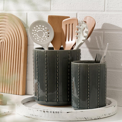 JIEMEI HOME Kitchen Utensil Holder, Large 7.5"+6.2" Petal Ceramic Utensil Crock for Countertop, Utensil Holder with Cork Mat, Morden Utensil Organizer for Spatula, Kitchen Decor, Set of 2, Purple