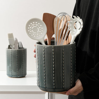 JIEMEI HOME Kitchen Utensil Holder, Large 7.5"+6.2" Petal Ceramic Utensil Crock for Countertop, Utensil Holder with Cork Mat, Morden Utensil Organizer for Spatula, Kitchen Decor, Set of 2, Purple