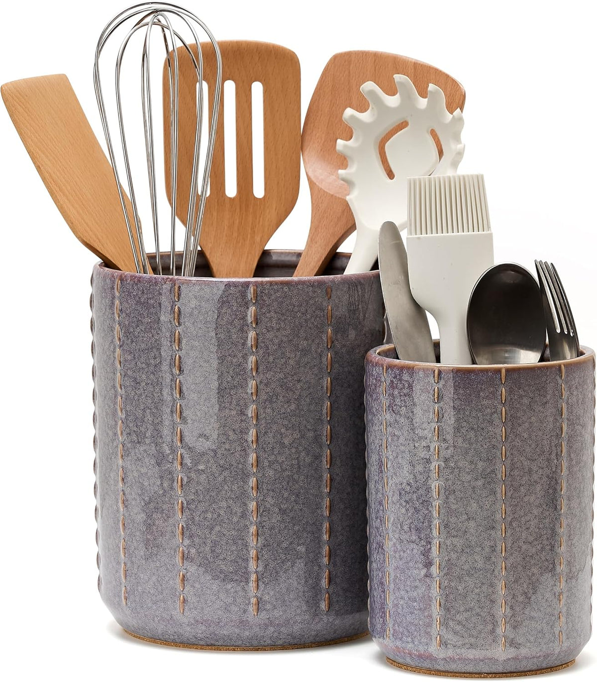 JIEMEI HOME Kitchen Utensil Holder, Large 7.5"+6.2" Petal Ceramic Utensil Crock for Countertop, Utensil Holder with Cork Mat, Morden Utensil Organizer for Spatula, Kitchen Decor, Set of 2, Purple