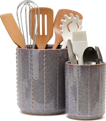 JIEMEI HOME Kitchen Utensil Holder, Large 7.5"+6.2" Petal Ceramic Utensil Crock for Countertop, Utensil Holder with Cork Mat, Morden Utensil Organizer for Spatula, Kitchen Decor, Set of 2, Purple