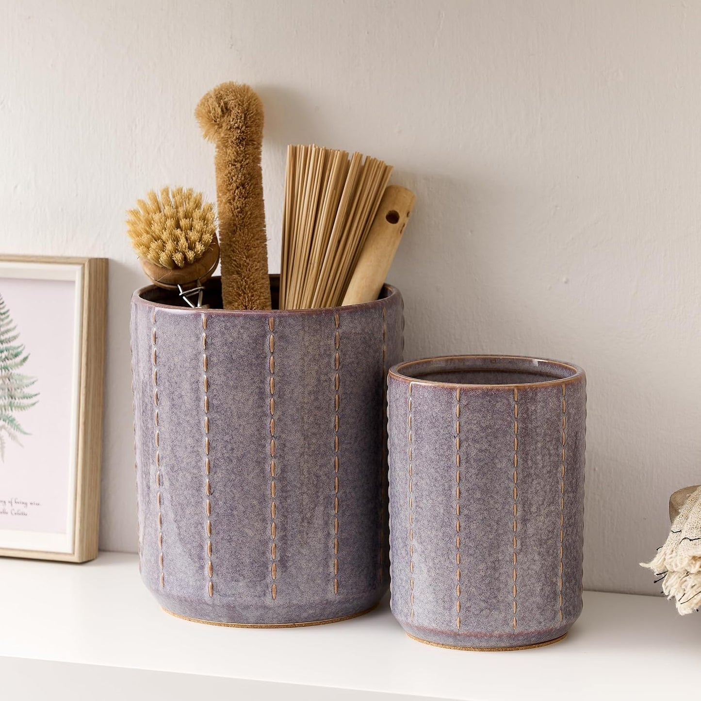 JIEMEI HOME Kitchen Utensil Holder, Large 7.5"+6.2" Petal Ceramic Utensil Crock for Countertop, Utensil Holder with Cork Mat, Morden Utensil Organizer for Spatula, Kitchen Decor, Set of 2, Purple