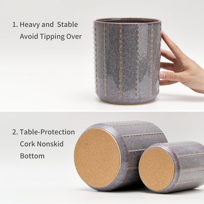 JIEMEI HOME Kitchen Utensil Holder, Large 7.5"+6.2" Petal Ceramic Utensil Crock for Countertop, Utensil Holder with Cork Mat, Morden Utensil Organizer for Spatula, Kitchen Decor, Set of 2, Purple