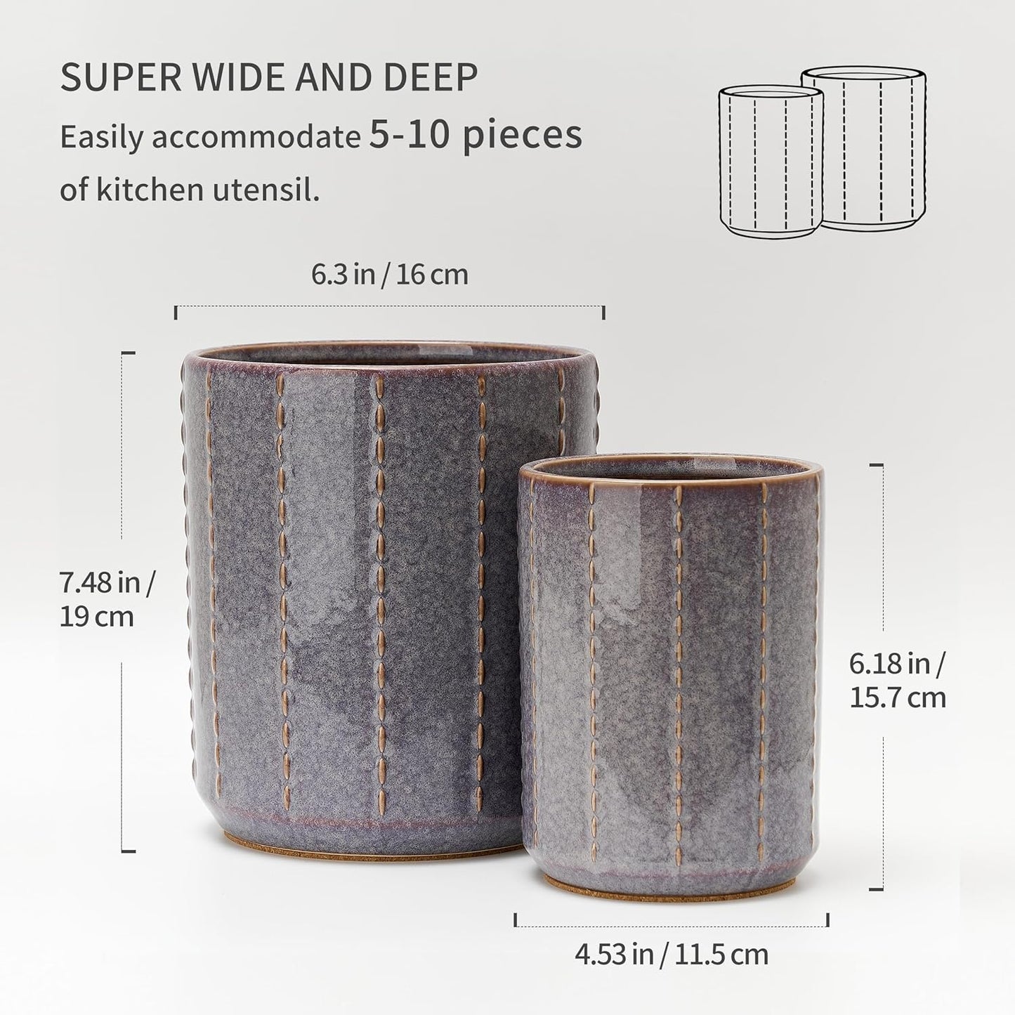 JIEMEI HOME Kitchen Utensil Holder, Large 7.5"+6.2" Petal Ceramic Utensil Crock for Countertop, Utensil Holder with Cork Mat, Morden Utensil Organizer for Spatula, Kitchen Decor, Set of 2, Purple