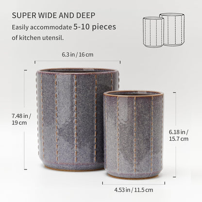 JIEMEI HOME Kitchen Utensil Holder, Large 7.5"+6.2" Petal Ceramic Utensil Crock for Countertop, Utensil Holder with Cork Mat, Morden Utensil Organizer for Spatula, Kitchen Decor, Set of 2, Purple
