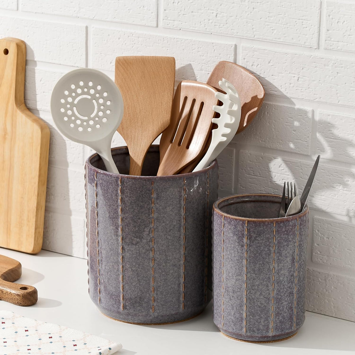JIEMEI HOME Kitchen Utensil Holder, Large 7.5"+6.2" Petal Ceramic Utensil Crock for Countertop, Utensil Holder with Cork Mat, Morden Utensil Organizer for Spatula, Kitchen Decor, Set of 2, Purple