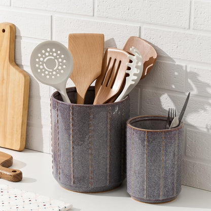 JIEMEI HOME Kitchen Utensil Holder, Large 7.5"+6.2" Petal Ceramic Utensil Crock for Countertop, Utensil Holder with Cork Mat, Morden Utensil Organizer for Spatula, Kitchen Decor, Set of 2, Purple