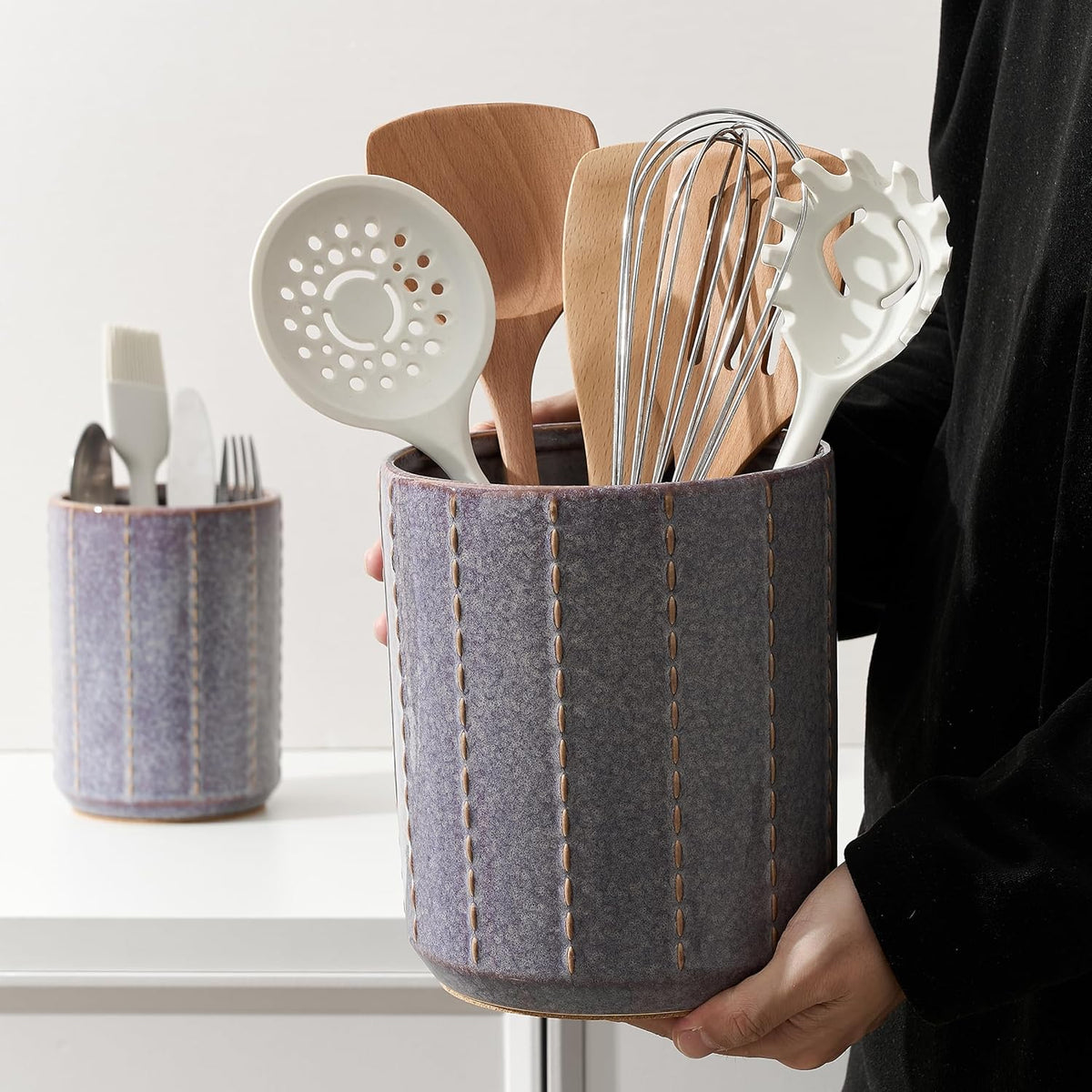 JIEMEI HOME Kitchen Utensil Holder, Large 7.5"+6.2" Petal Ceramic Utensil Crock for Countertop, Utensil Holder with Cork Mat, Morden Utensil Organizer for Spatula, Kitchen Decor, Set of 2, Purple