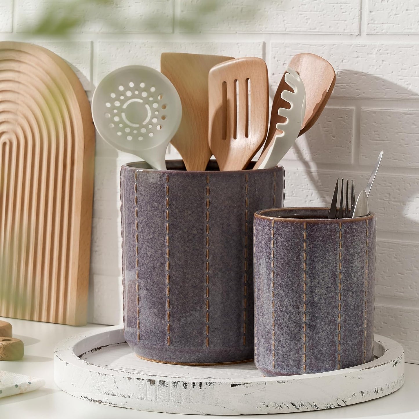 JIEMEI HOME Kitchen Utensil Holder, Large 7.5"+6.2" Petal Ceramic Utensil Crock for Countertop, Utensil Holder with Cork Mat, Morden Utensil Organizer for Spatula, Kitchen Decor, Set of 2, Purple
