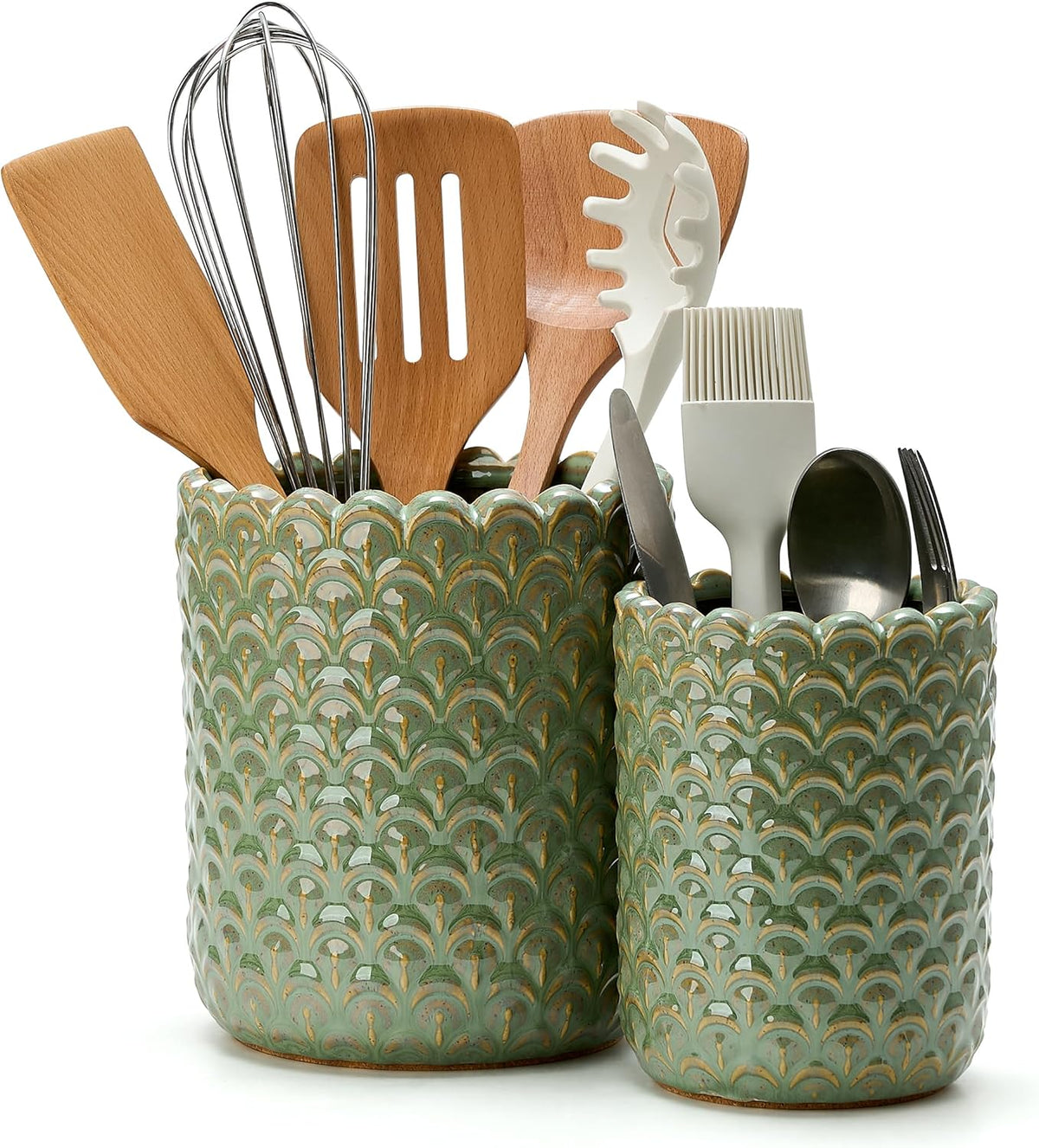 JIEMEI HOME Kitchen Utensil Holder, Large 7.5"+6.2" Petal Ceramic Utensil Crock for Countertop, Utensil Holder with Cork Mat, Morden Utensil Organizer for Spatula, Kitchen Decor, Set of 2, Purple