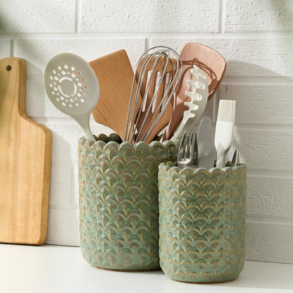 JIEMEI HOME Kitchen Utensil Holder, Large 7.5"+6.2" Petal Ceramic Utensil Crock for Countertop, Utensil Holder with Cork Mat, Morden Utensil Organizer for Spatula, Kitchen Decor, Set of 2, Purple
