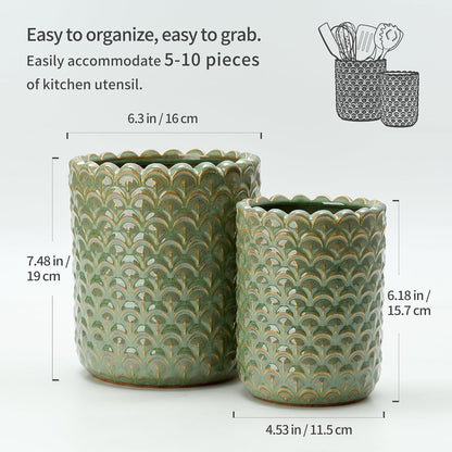 JIEMEI HOME Kitchen Utensil Holder, Large 7.5"+6.2" Petal Ceramic Utensil Crock for Countertop, Utensil Holder with Cork Mat, Morden Utensil Organizer for Spatula, Kitchen Decor, Set of 2, Purple