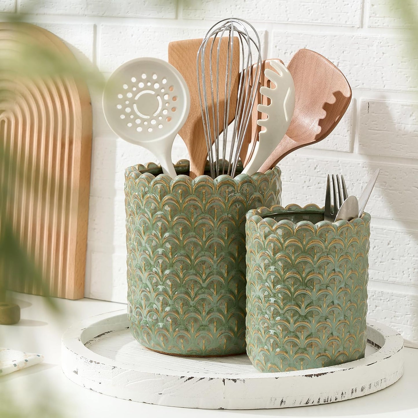 JIEMEI HOME Kitchen Utensil Holder, Large 7.5"+6.2" Petal Ceramic Utensil Crock for Countertop, Utensil Holder with Cork Mat, Morden Utensil Organizer for Spatula, Kitchen Decor, Set of 2, Purple