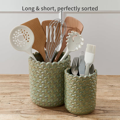 JIEMEI HOME Kitchen Utensil Holder, Large 7.5"+6.2" Petal Ceramic Utensil Crock for Countertop, Utensil Holder with Cork Mat, Morden Utensil Organizer for Spatula, Kitchen Decor, Set of 2, Purple